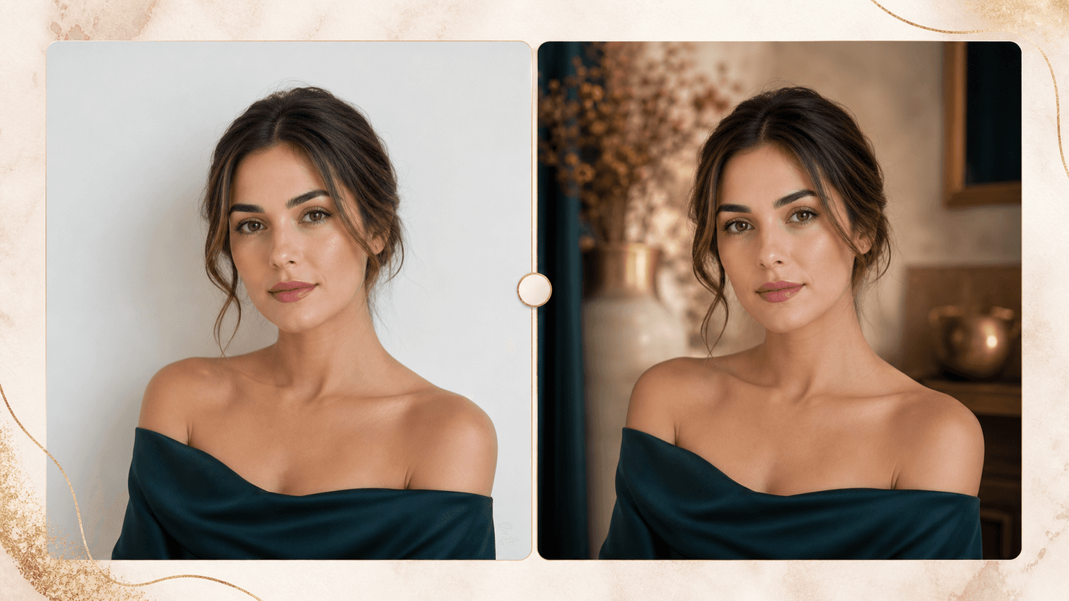 AI Background Changer before and after portrait preview with a new editorial studio background