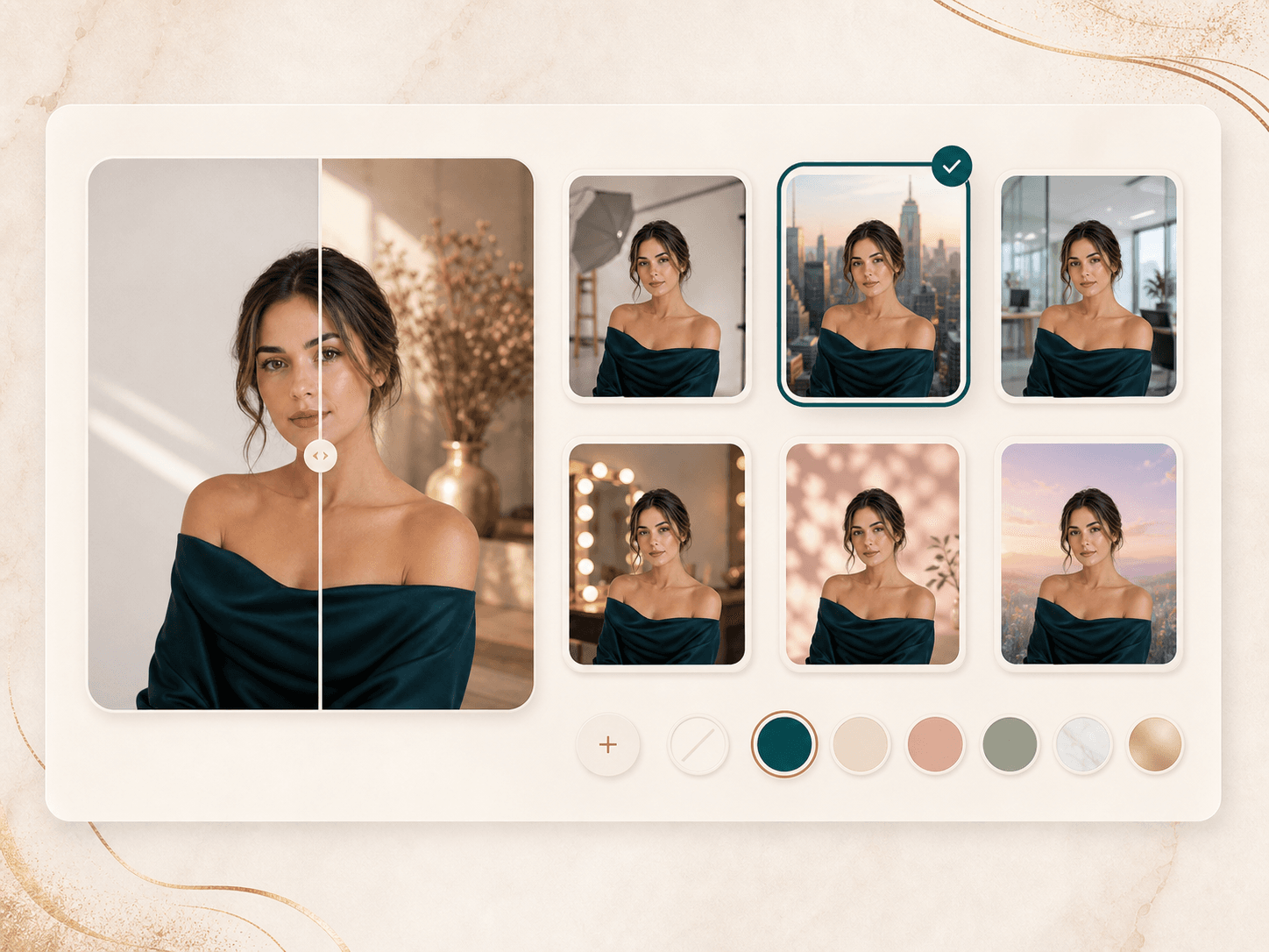 AI background changer preset panel with studio, city, office, beauty mirror, and pastel scenes
