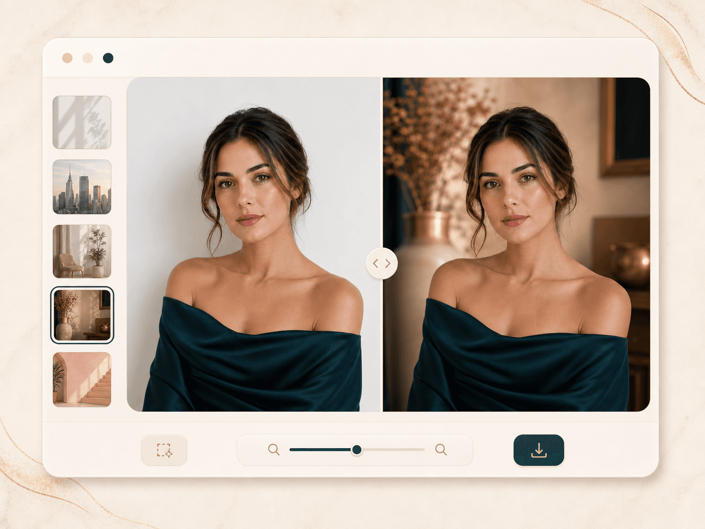 Before and after slider showing an AI changed portrait background before download