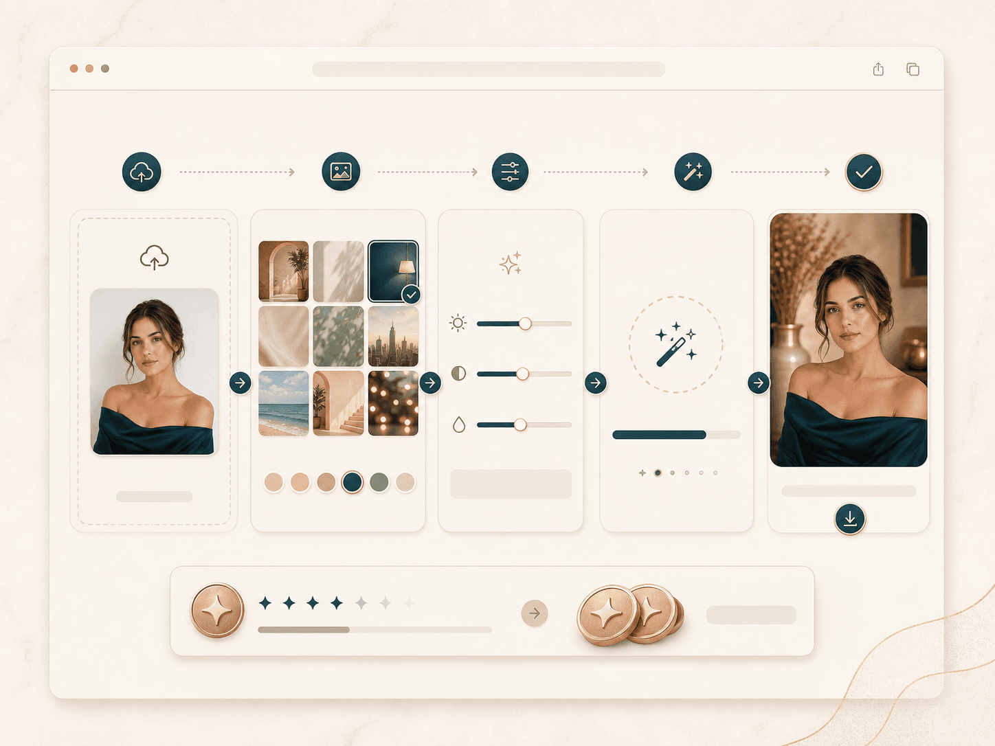 Browser upload workflow for an AI background changer using BeautyLove credits