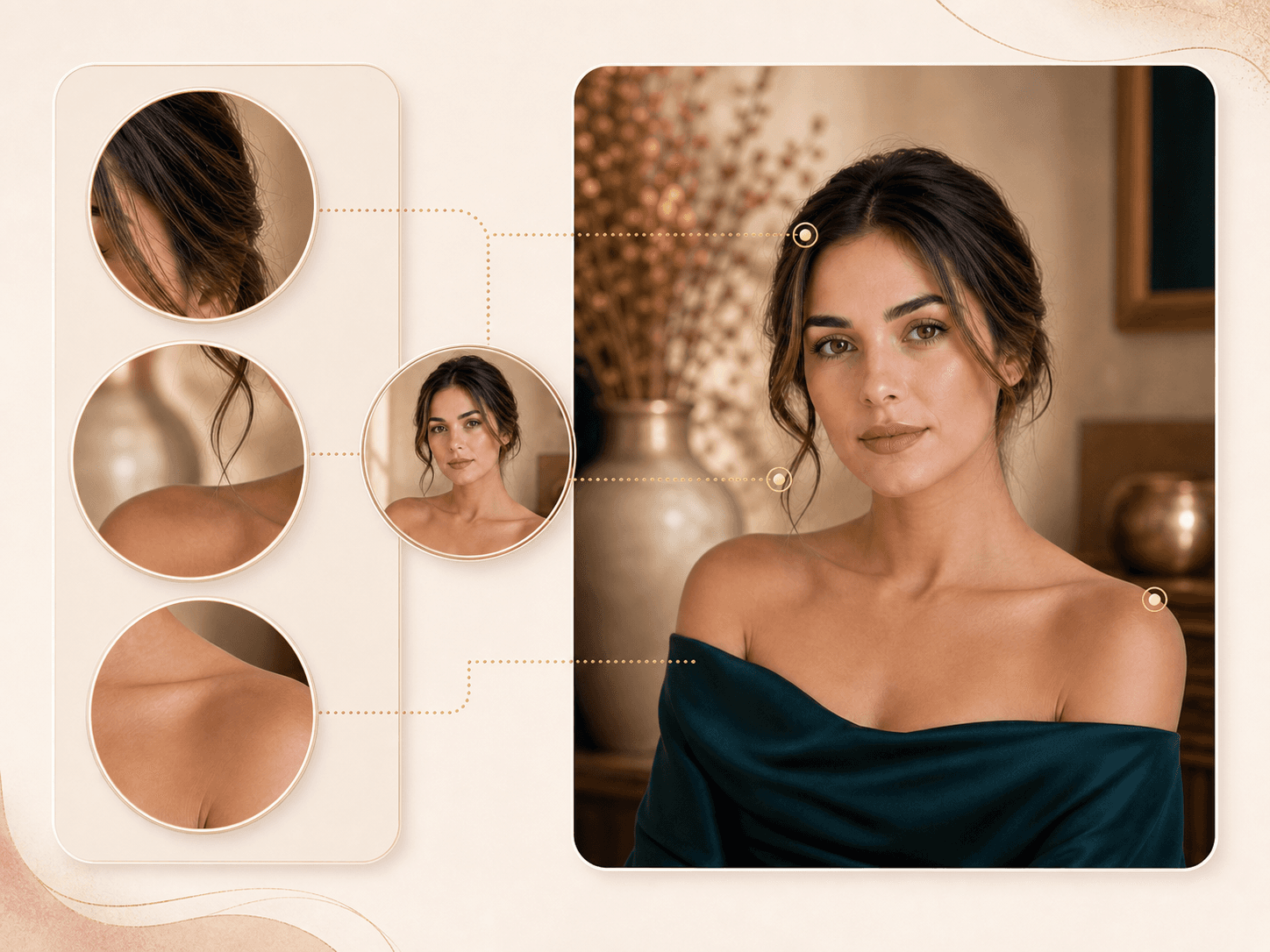 Background replacement review with zoomed hair and shoulder edge details