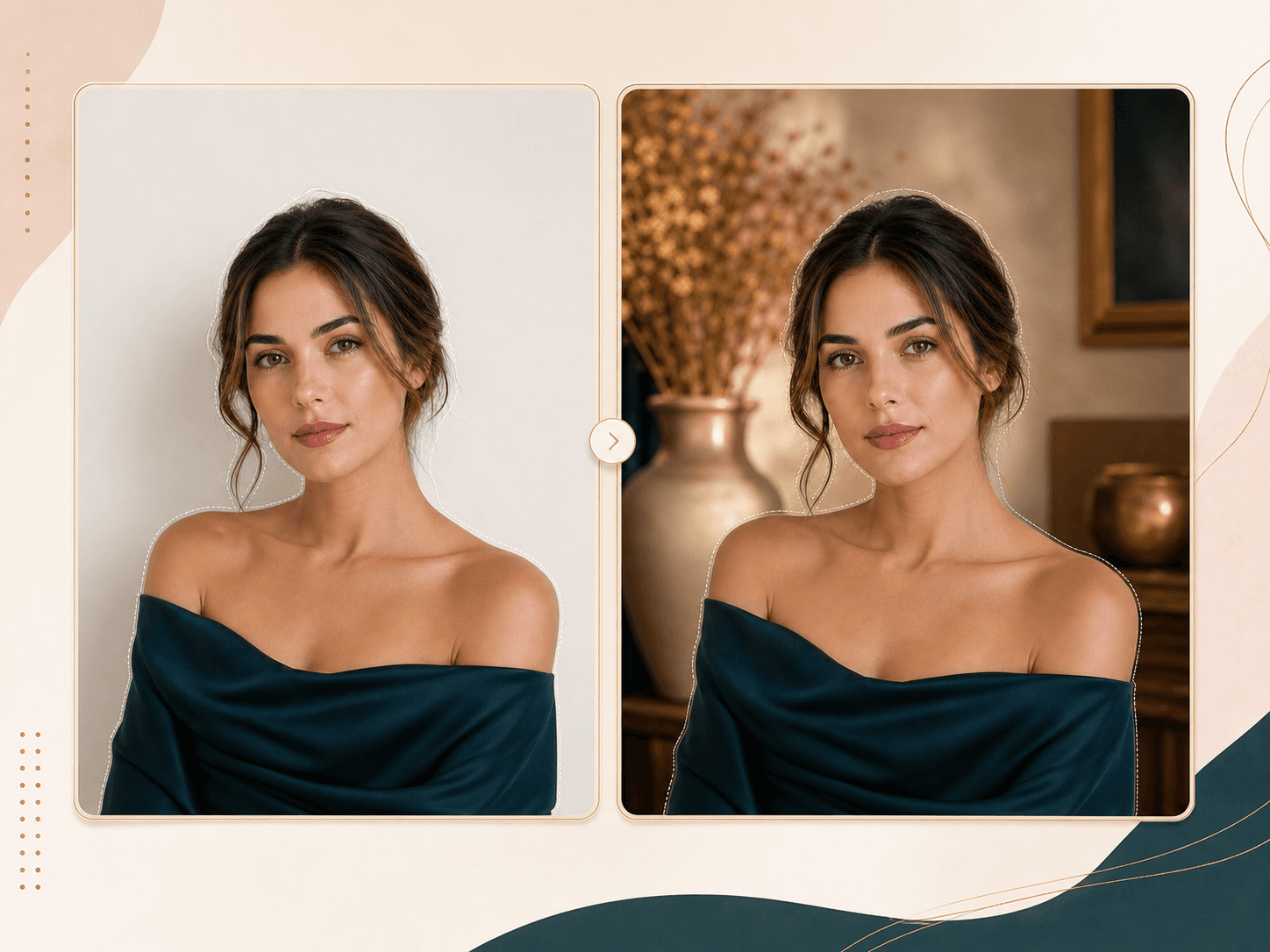 Before and after portrait mockup showing the same person with only the background changed