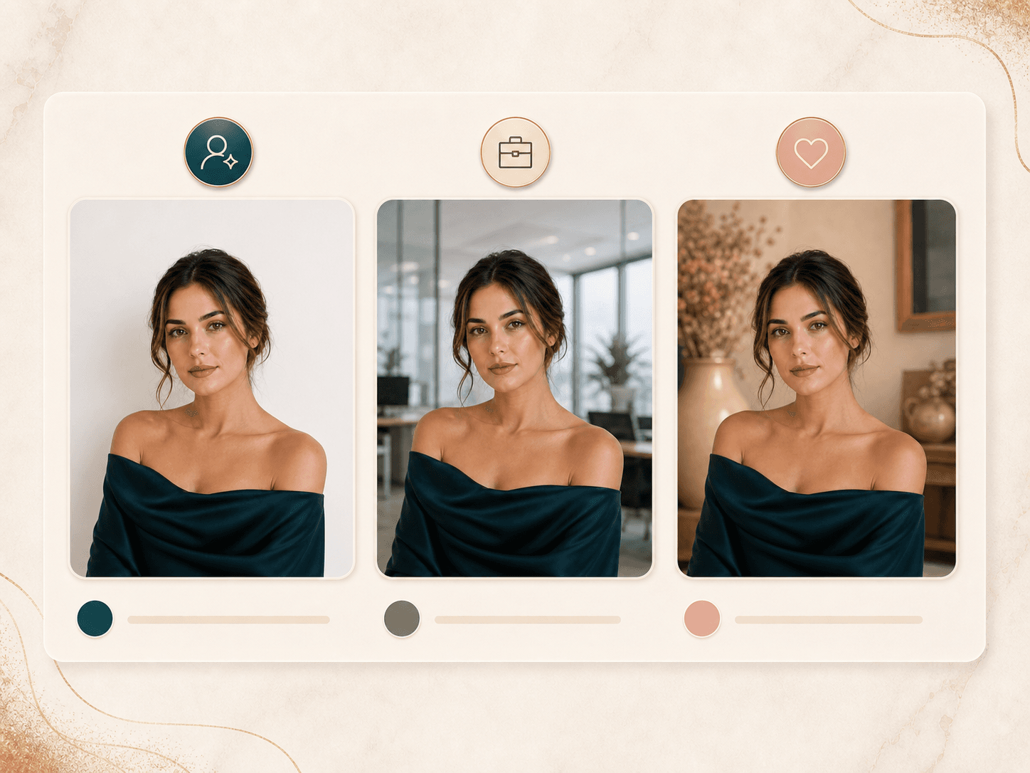 Profile photo background options for creator, office, and beauty portfolio portraits