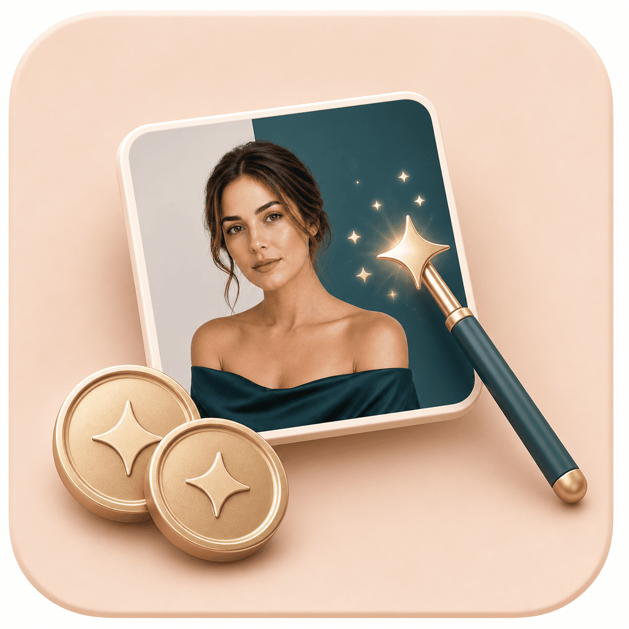 Icon showing credit tokens beside an AI portrait background changer result