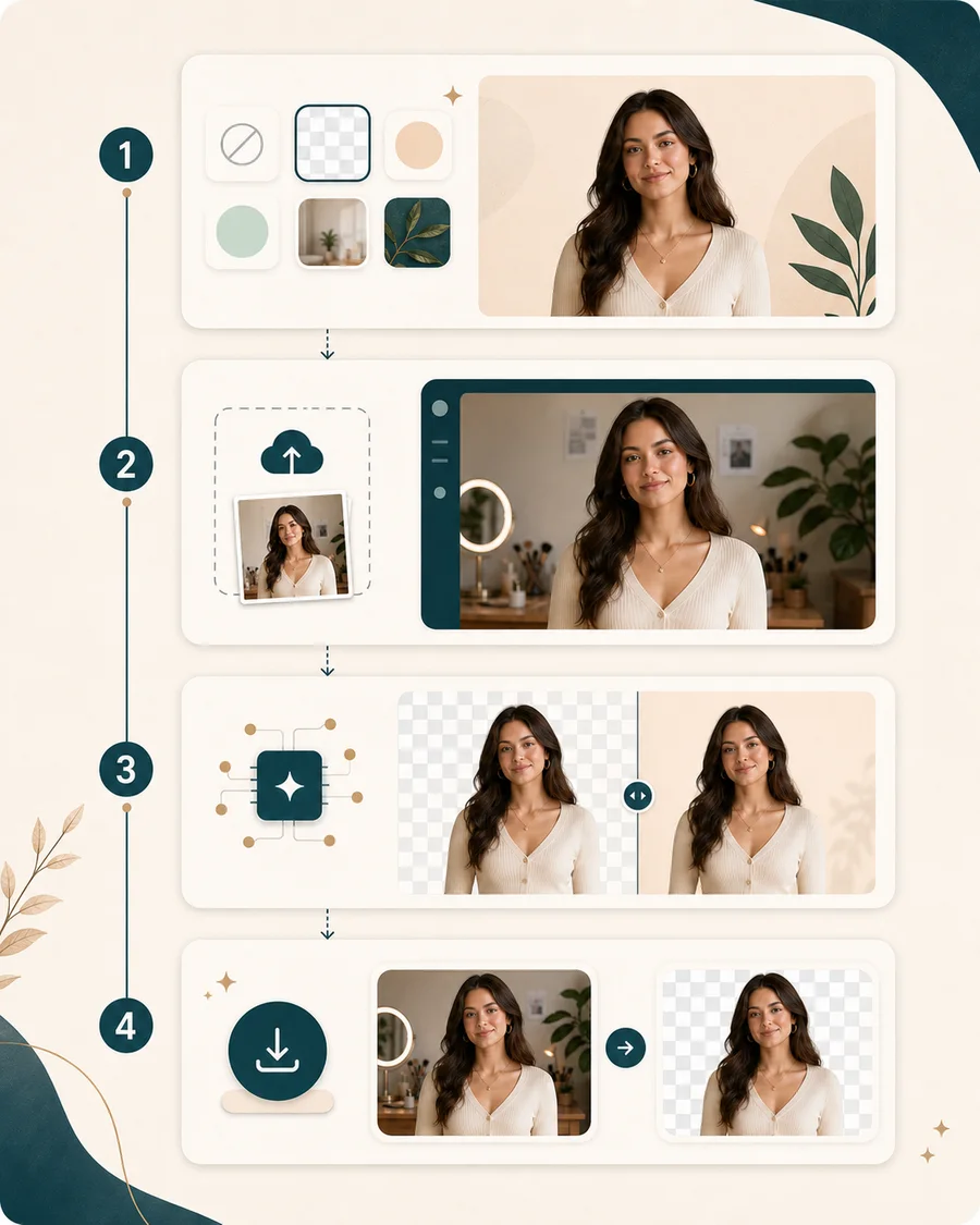 AI background remover workflow showing output style, upload, generation, and download