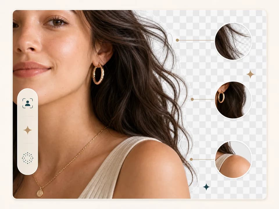 Close up of hair and accessory edges after AI background removal