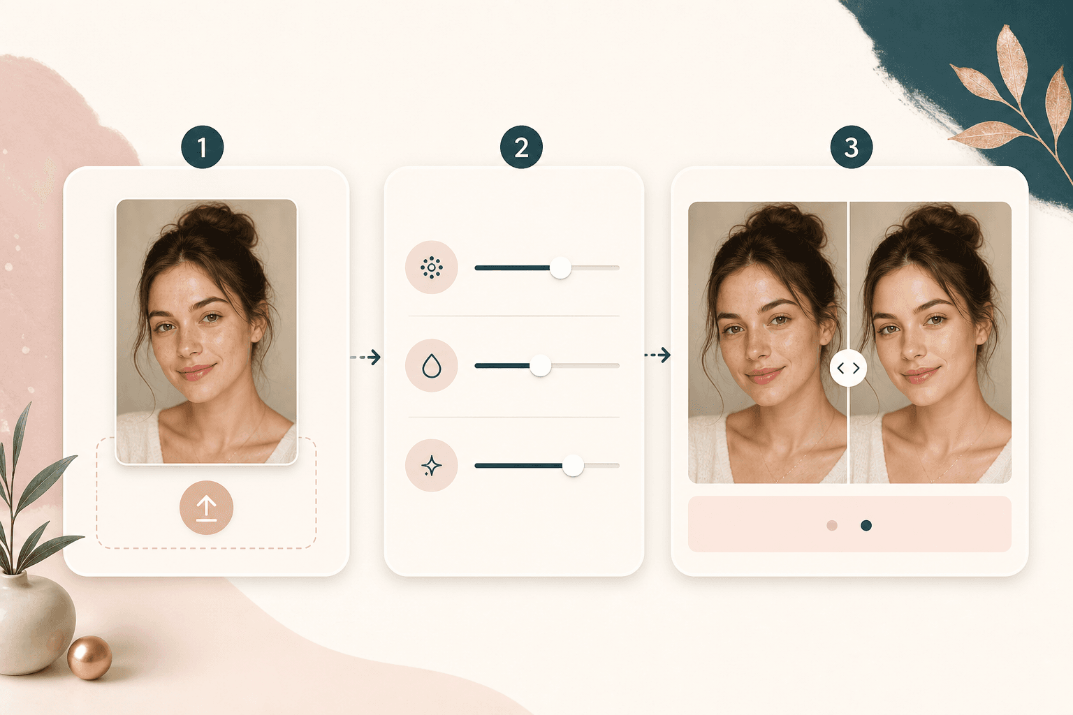 AI beauty filter workflow showing upload, sliders, and before and after review