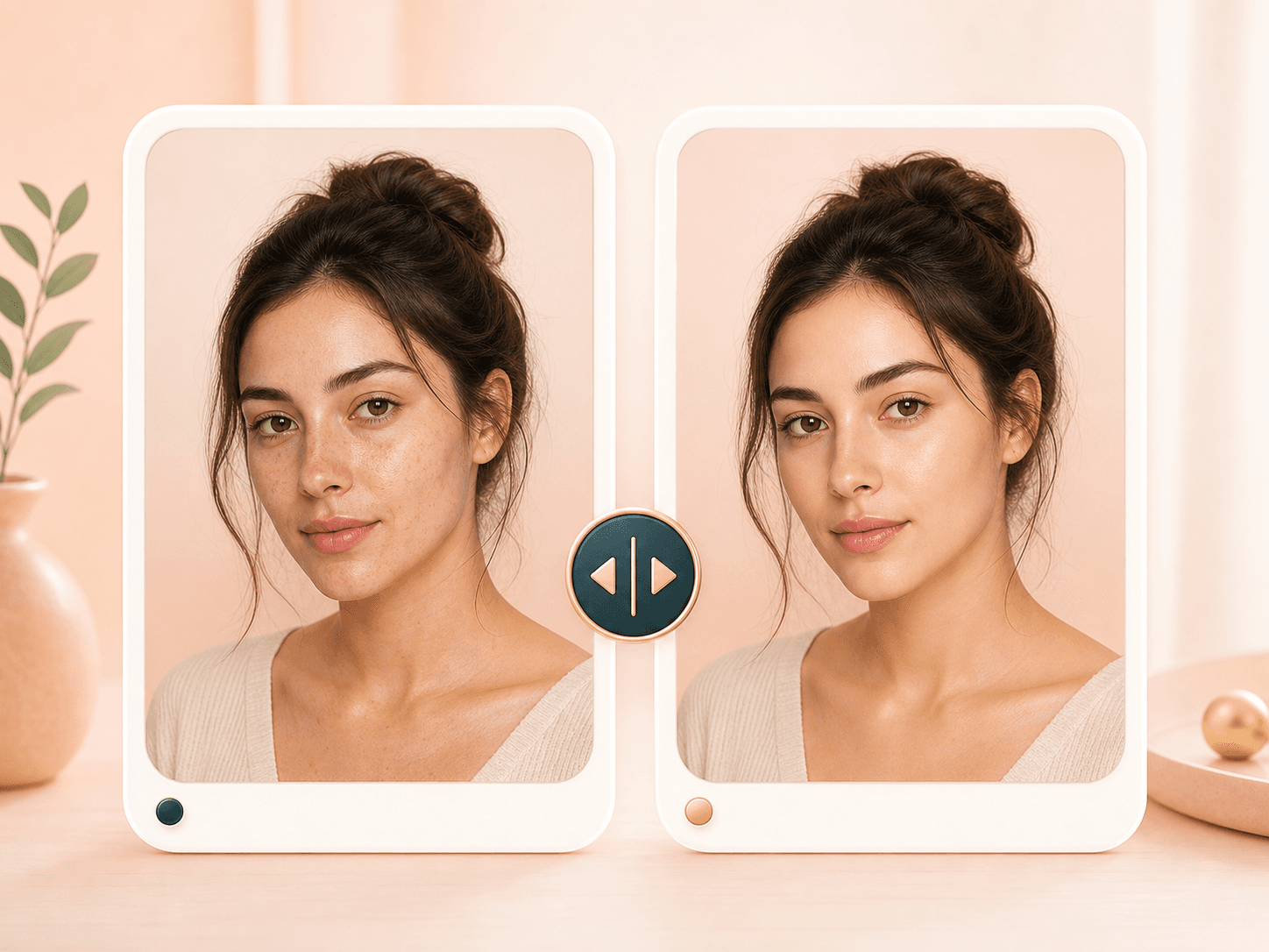 Natural portrait retouch preview with original and AI beauty filter result
