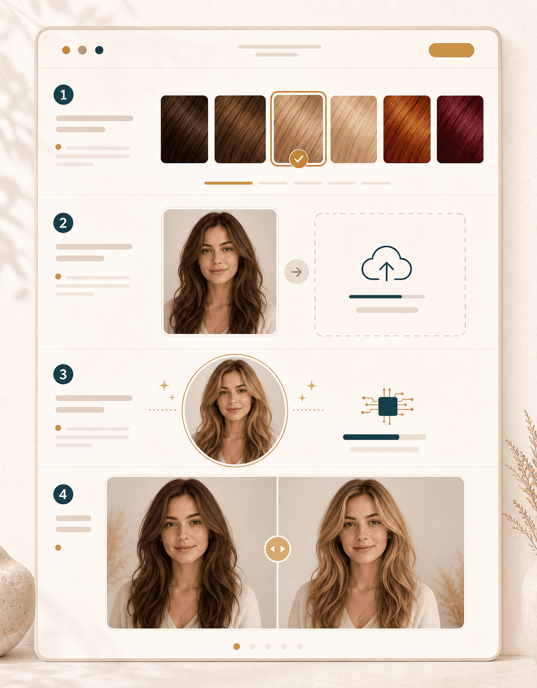 AI hair color changer workflow showing shade choice, photo upload, AI recoloring, and comparison