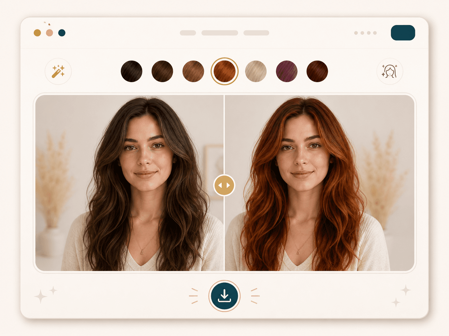 Before and after hair color result card with a comparison slider and download icon