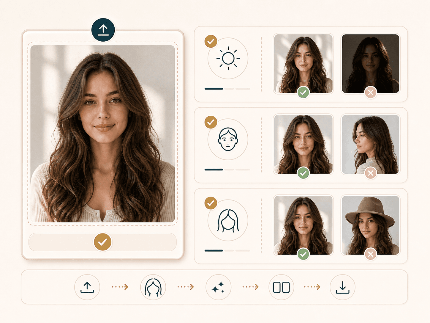 Portrait upload card with lighting, face direction, and visible hair quality checks