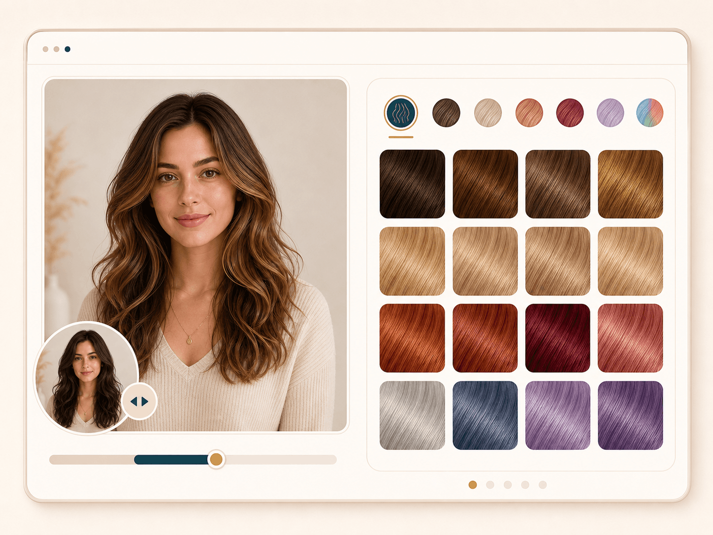 AI hair color changer shade menu with brunette, blonde, copper, burgundy, silver, and lavender options