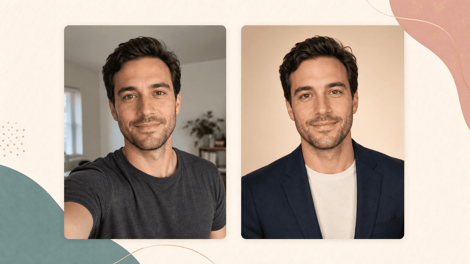 AI Headshot Generator before and after preview from casual selfie to professional profile photo