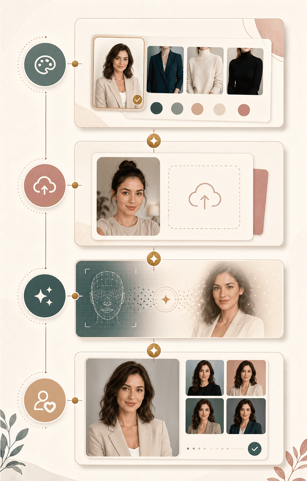 AI Headshot Generator workflow showing style choice, upload, AI processing, and review