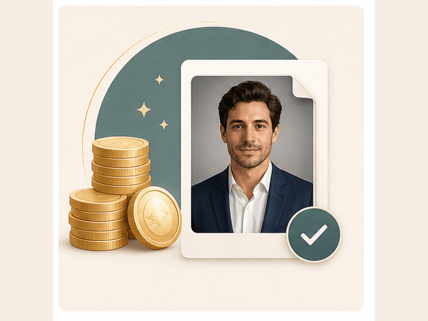 Download ready AI headshot file with credits and a check mark