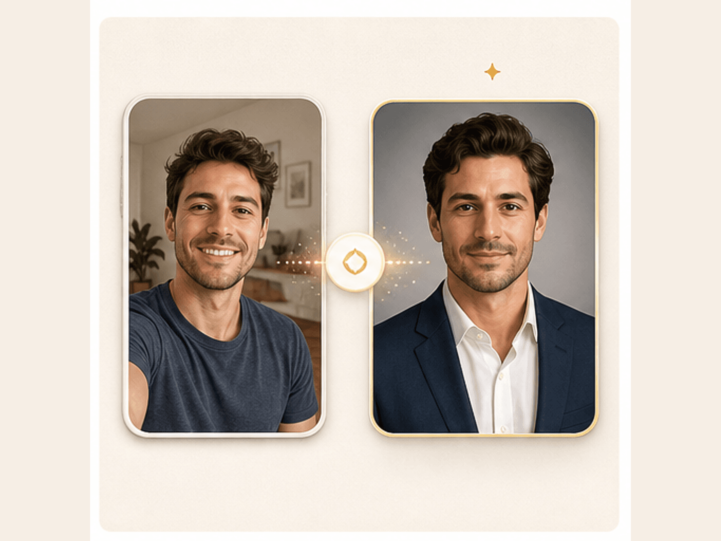 A casual selfie transformed into a polished professional AI headshot preview