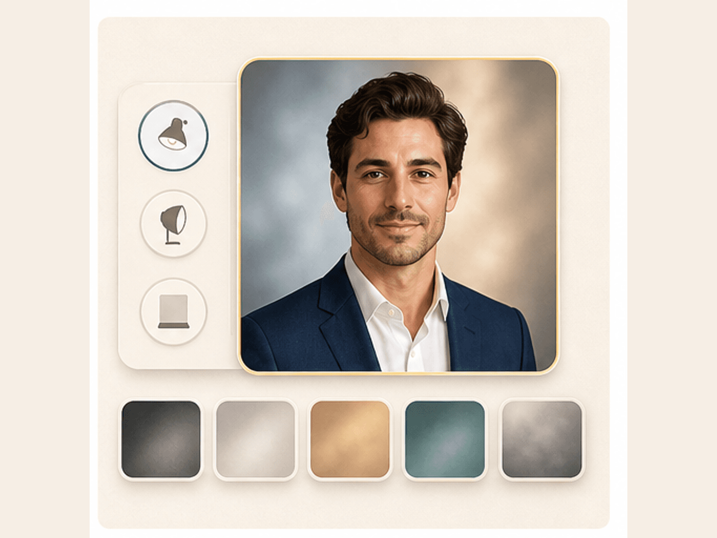Professional headshot lighting and background options shown as warm studio swatches