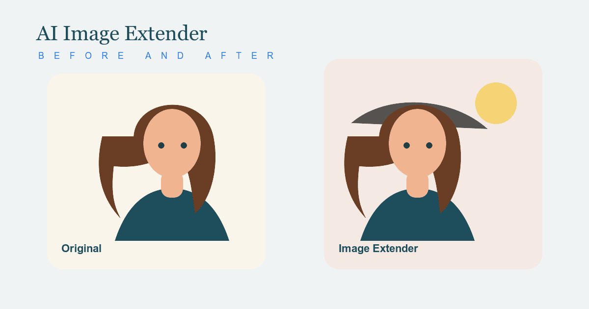 AI Image Extender preview showing a complete portrait expanded into a wider frame