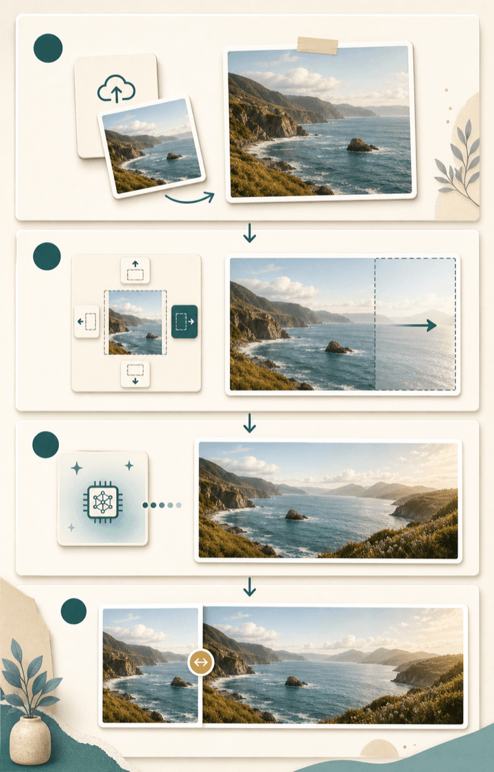 AI Image Extender workflow showing upload, frame choice, generation, and review