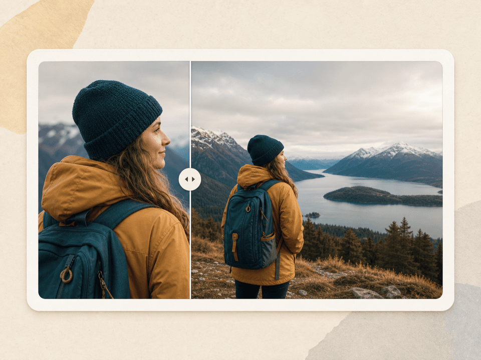 Before and after slider preview for an extended AI image