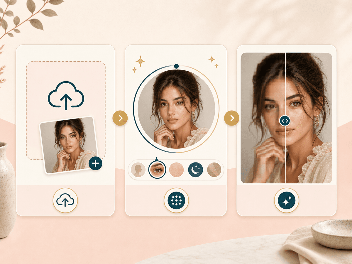 AI Image Upscaler workflow showing upload, focus selection, and before and after review