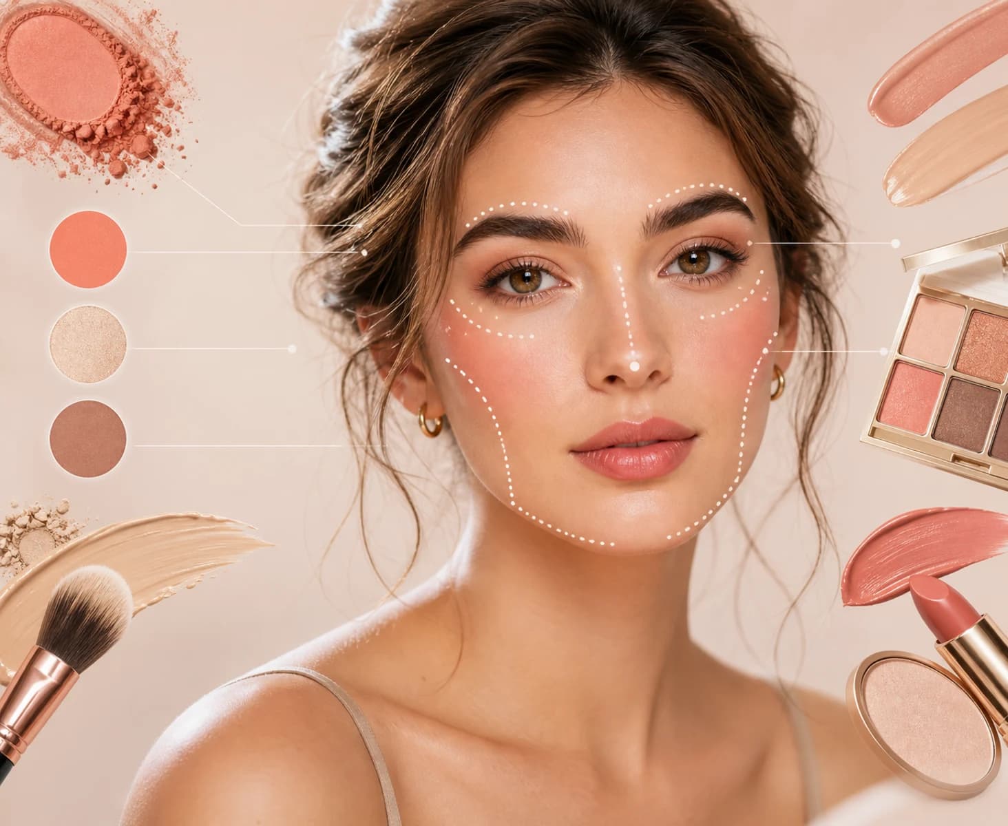 AI makeup analysis hero showing a beauty portrait with makeup colors and placement cues