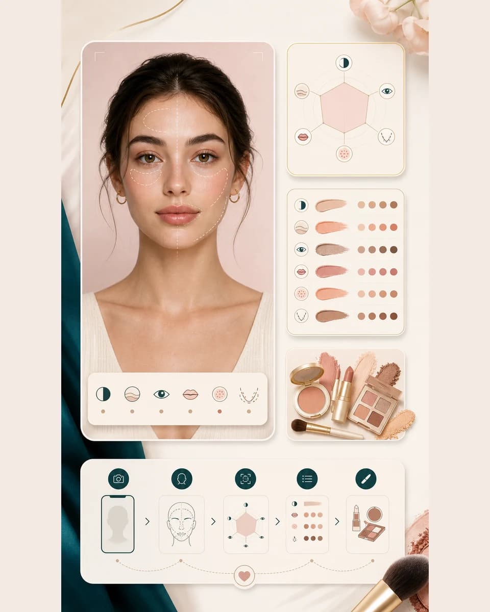 AI makeup analysis workflow showing a portrait, makeup cues, and recommendation panels
