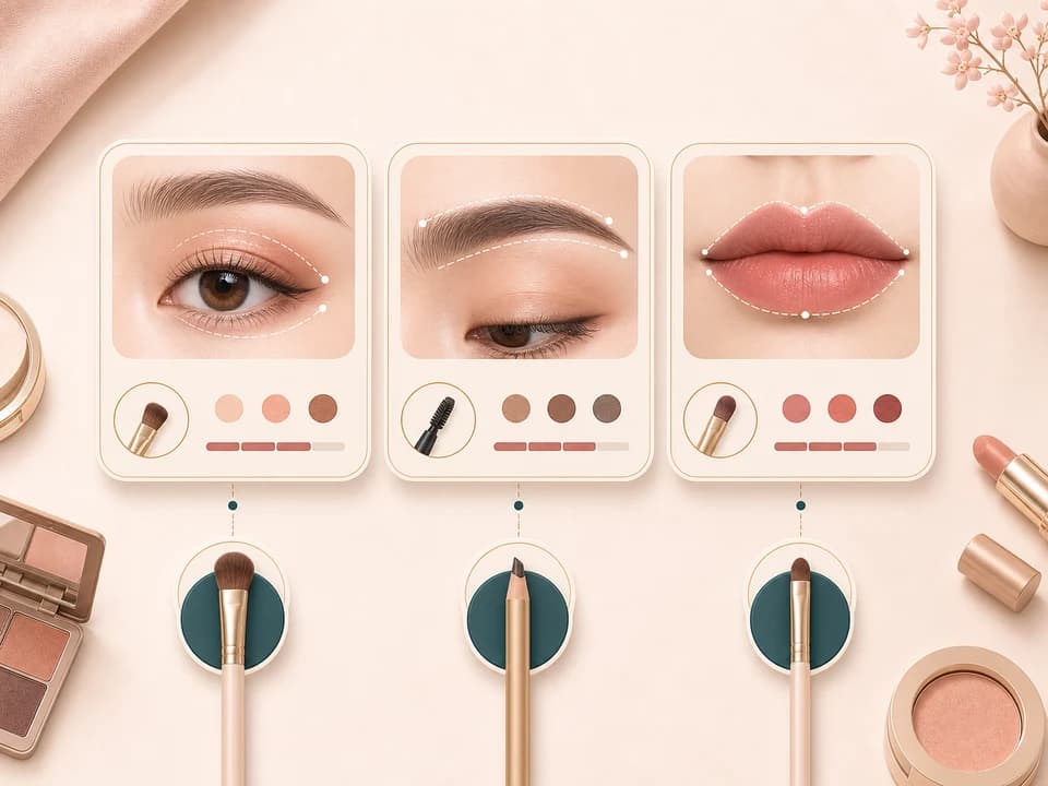 Eye, brow, and lip focus cards for makeup recommendation planning