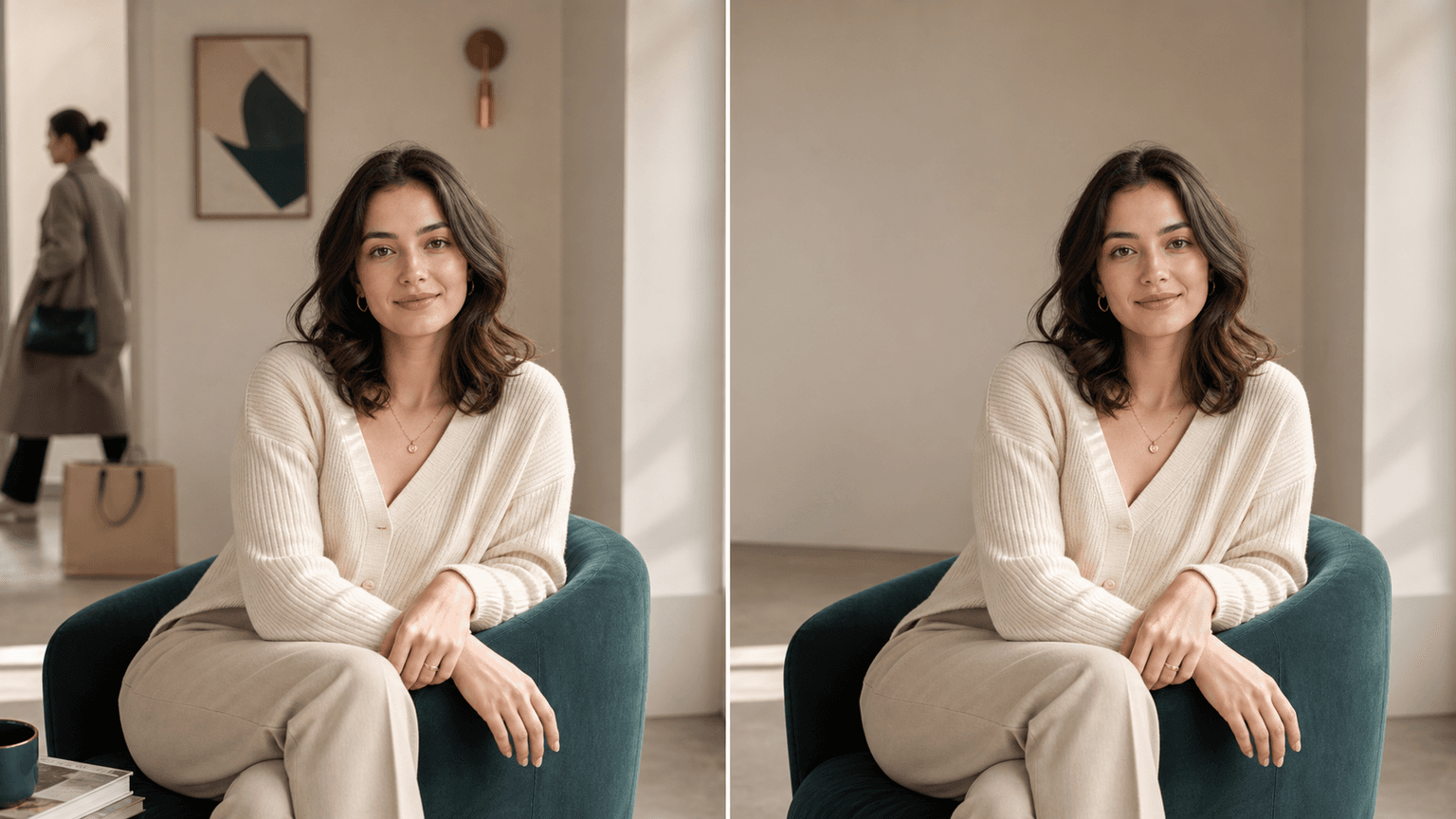 AI object remover before and after preview with background clutter removed from a portrait