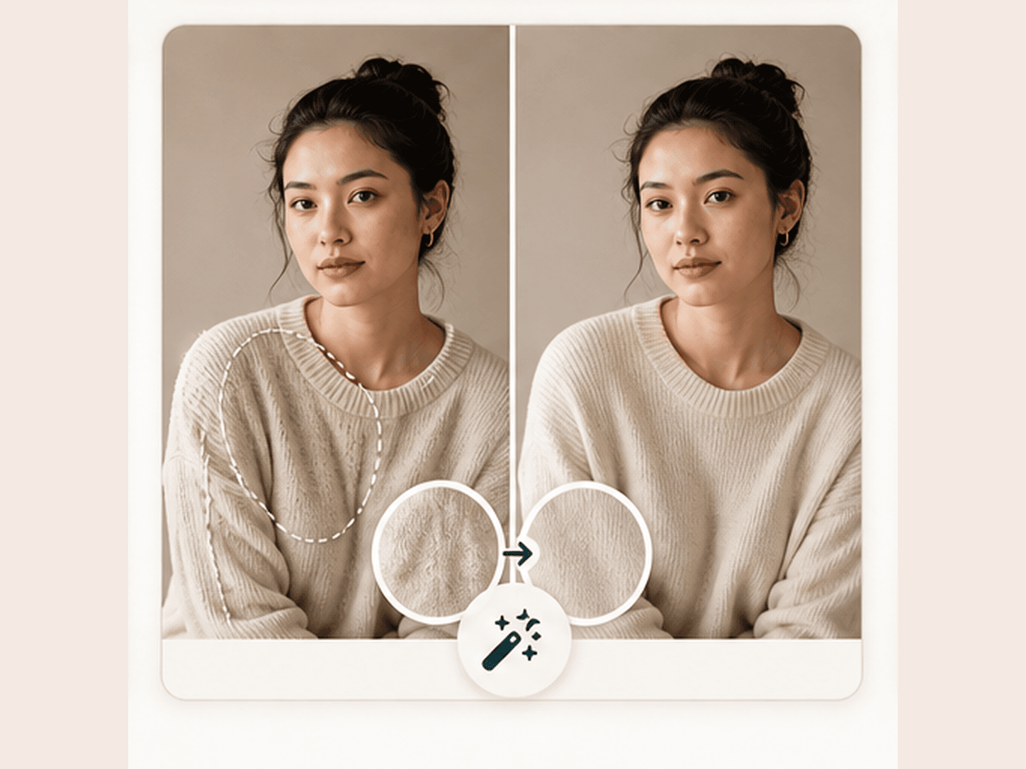 AI cleanup preview repairing fabric texture after a distraction is removed
