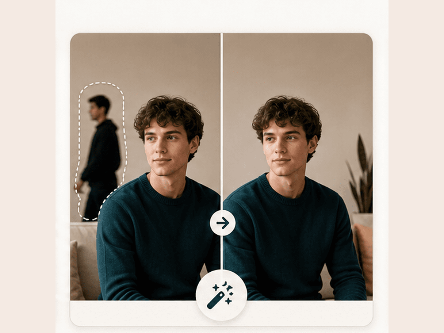 Portrait cleanup preview with a background person removed