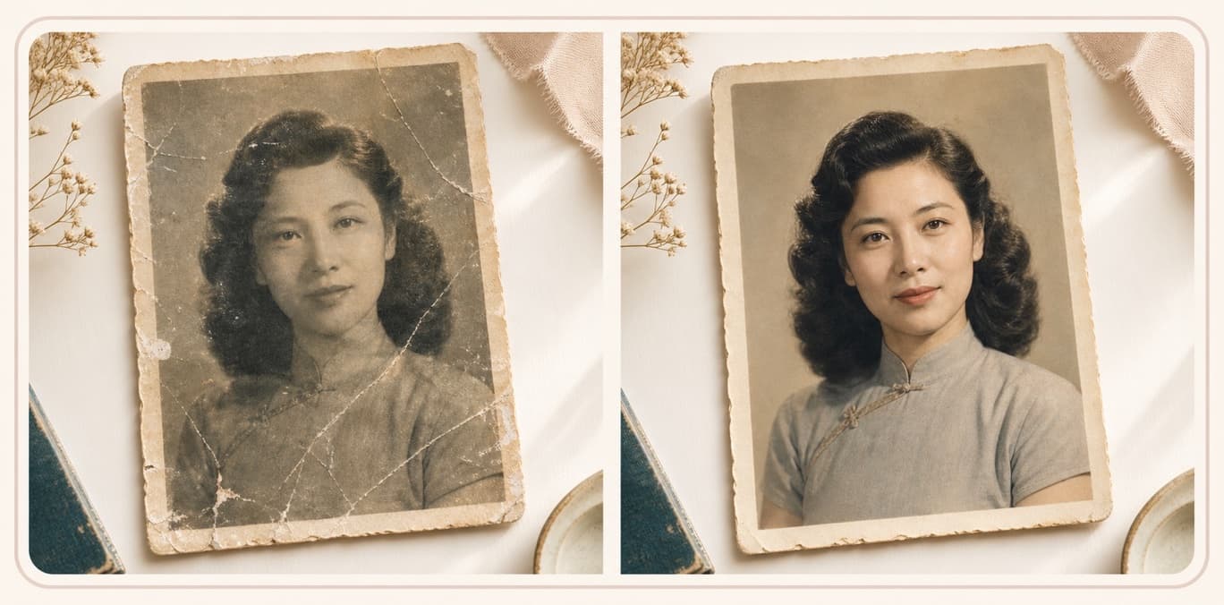 AI Photo Restoration before and after preview of an old portrait