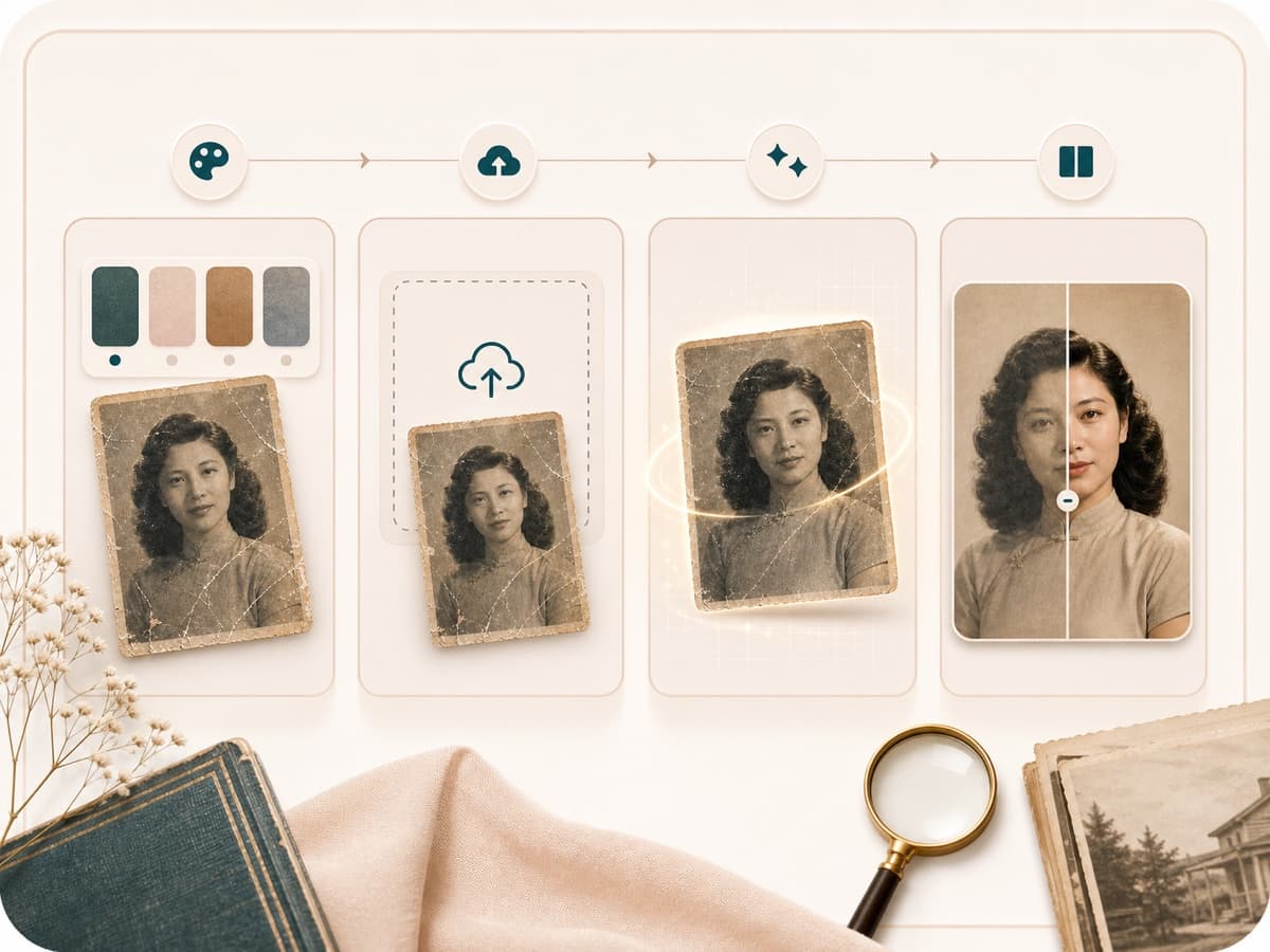 AI Photo Restoration workflow showing upload, repair, and review