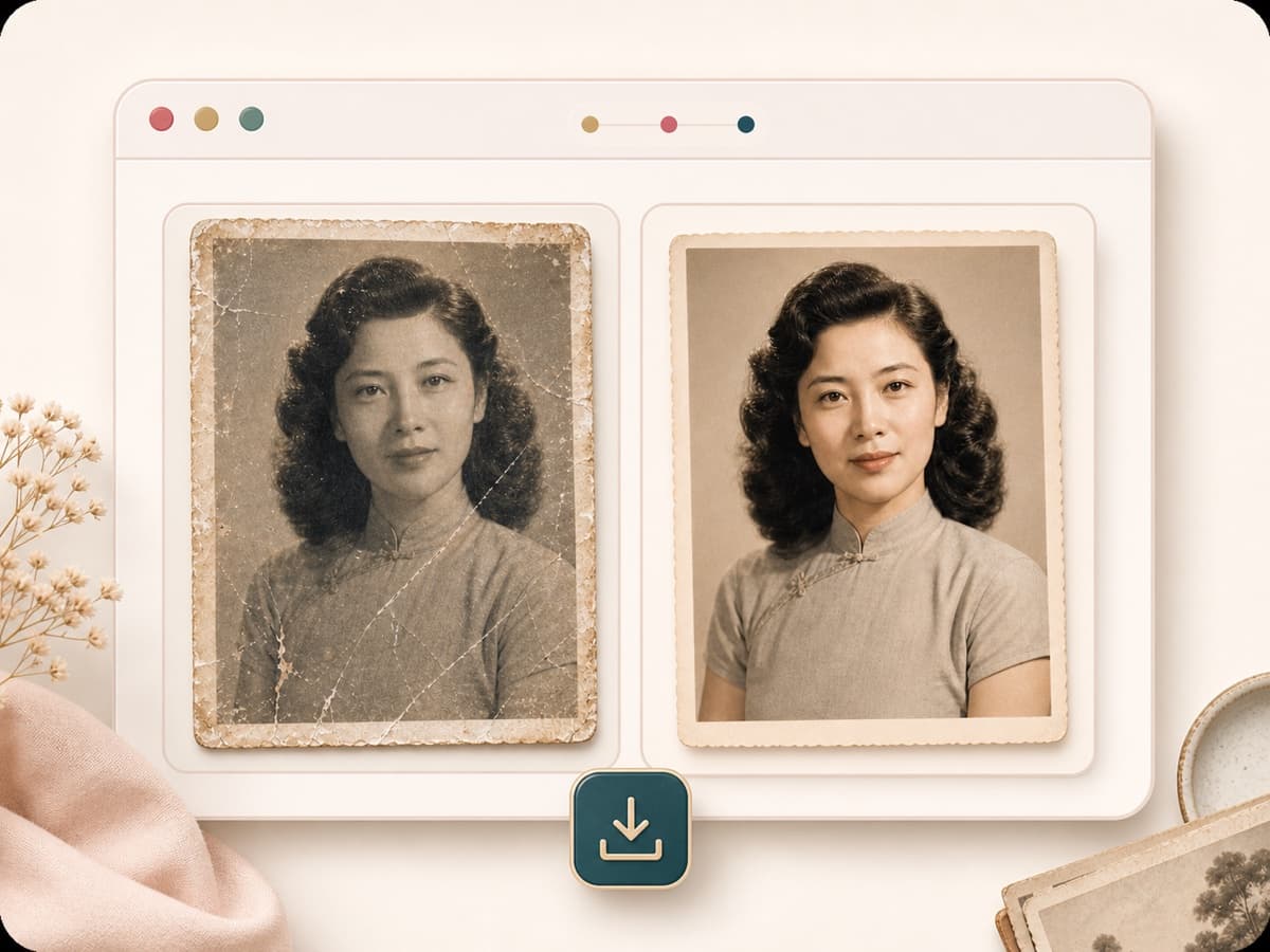 Before and after restored portrait preview with download control