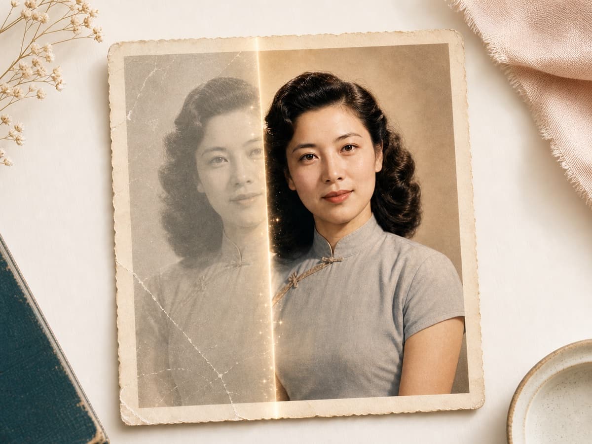 Old portrait with faded color restored through AI Photo Restoration