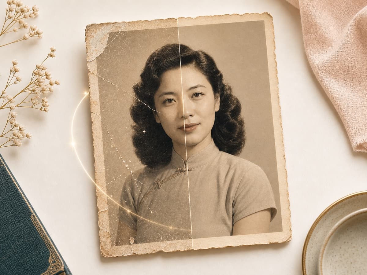 Vintage portrait with scratches and dust repaired by AI