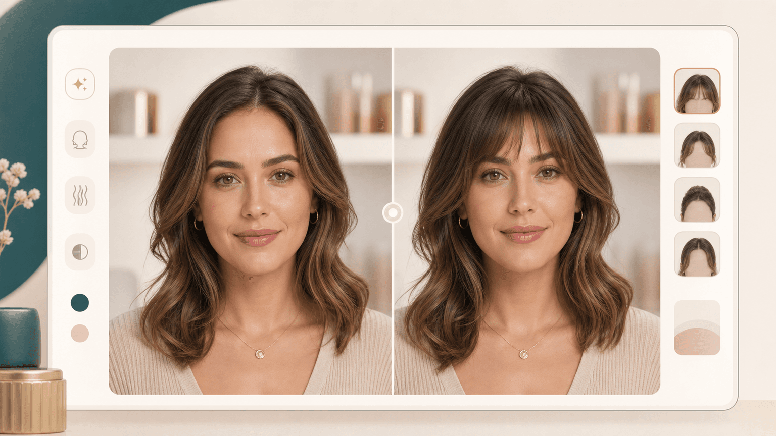 Bangs Filter hero preview showing a before and after bangs try on result