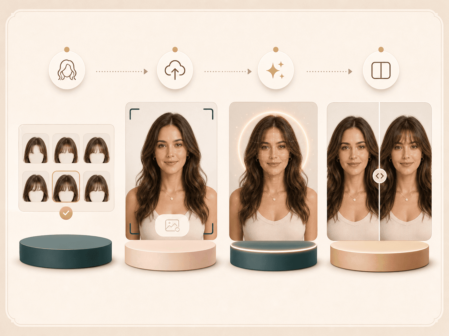 Four step visual guide for choosing a bangs style, uploading a portrait, generating, and comparing