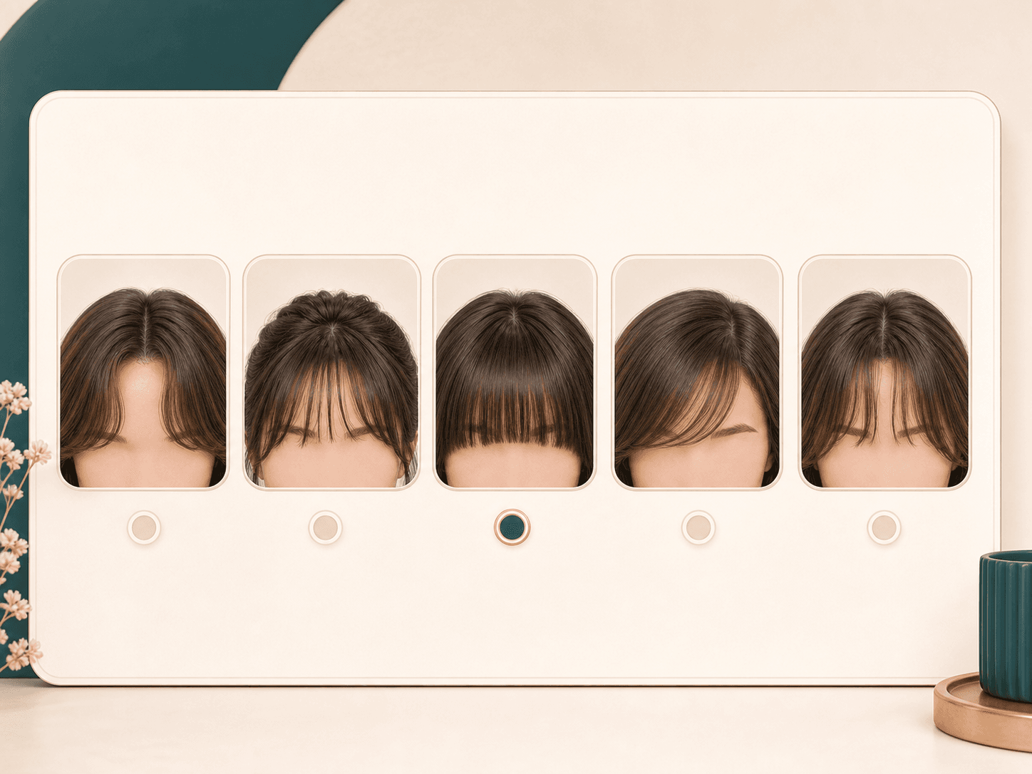 Bangs Filter style selector showing curtain, wispy, blunt, side swept, and bottleneck bangs
