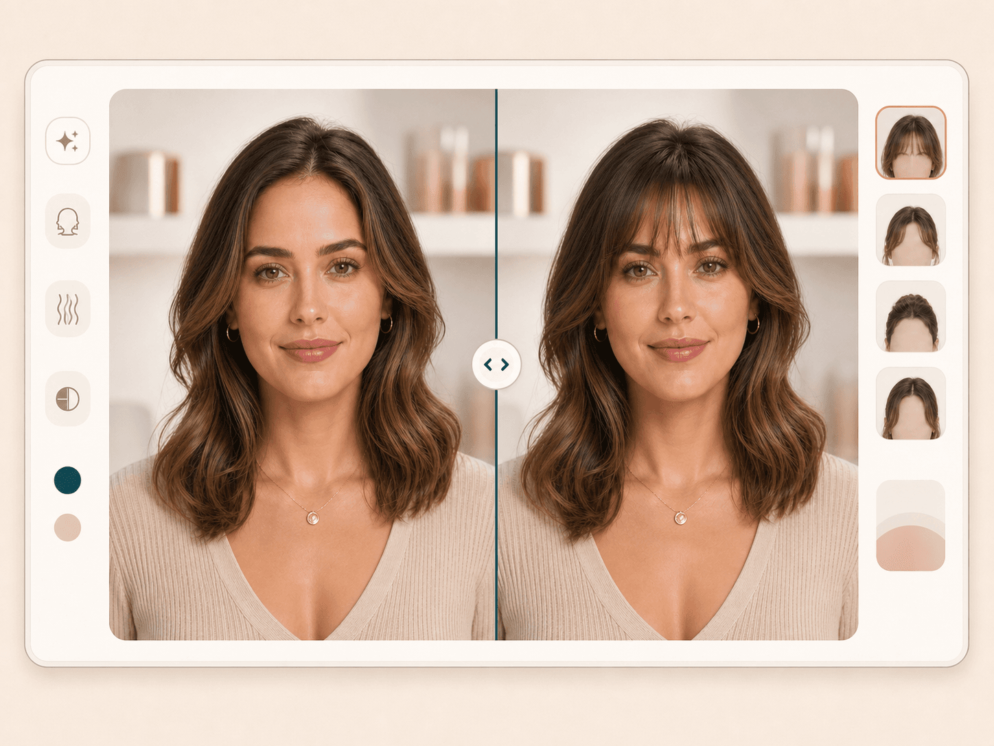 Before and after bangs preview with a comparison divider