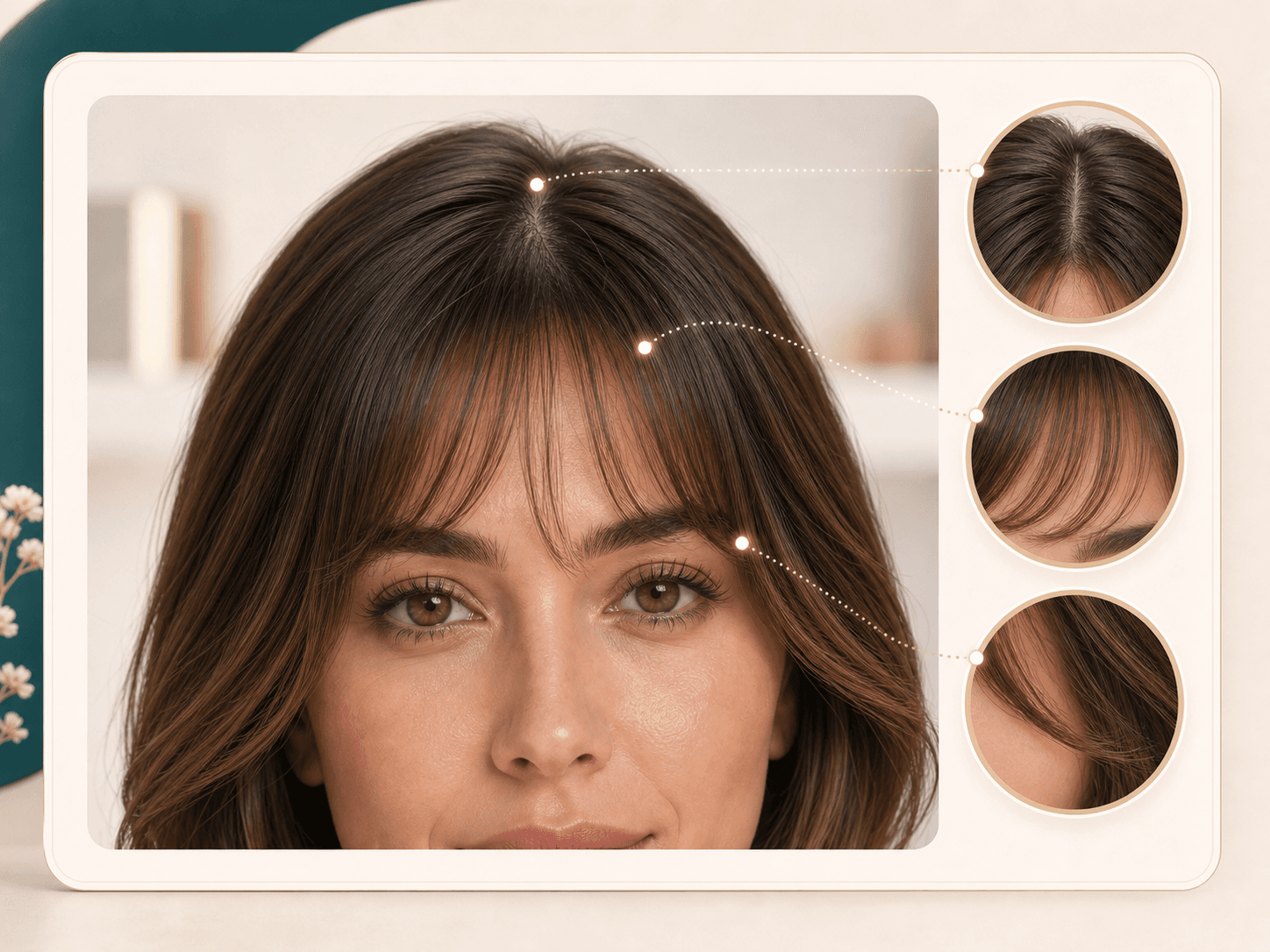 Close portrait crop showing natural hairline and color matching for AI bangs