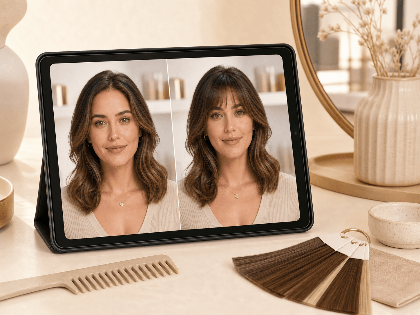 Tablet showing a bangs preview as a salon haircut reference