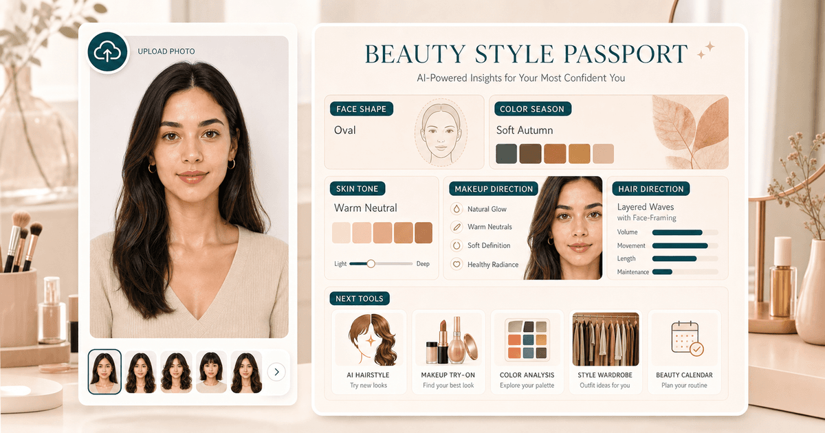 Beauty Style Passport preview with portrait analysis cards, palette swatches, and style notes