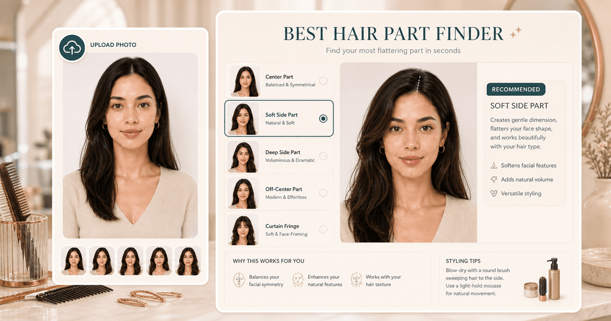 Best Hair Part Finder preview comparing center, side, off-center, and fringe options