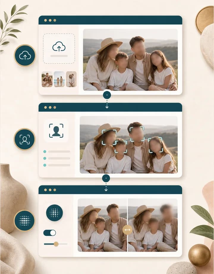 Three step workflow showing upload, face blur processing, and result review