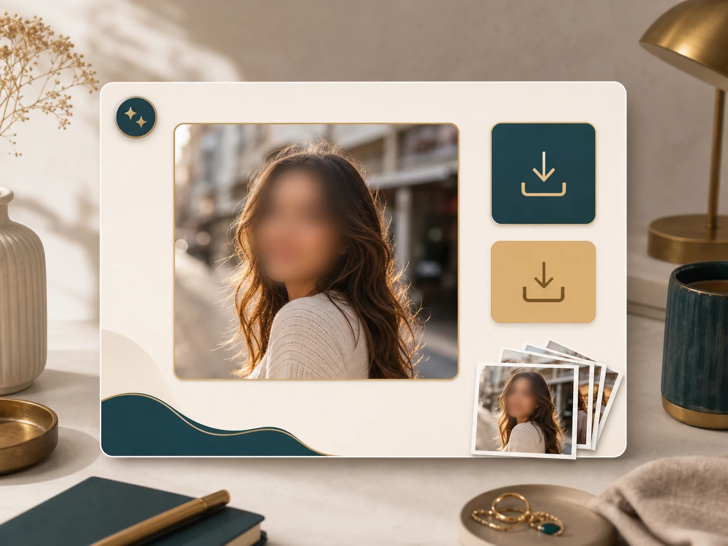 Result panel showing a blurred face image with download controls