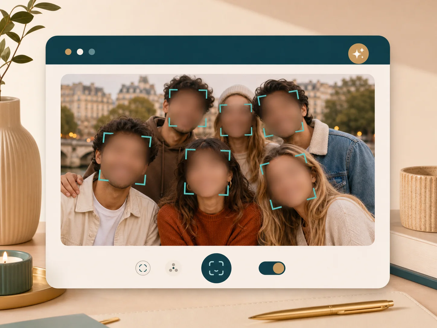 Group photo preview with several softly blurred faces