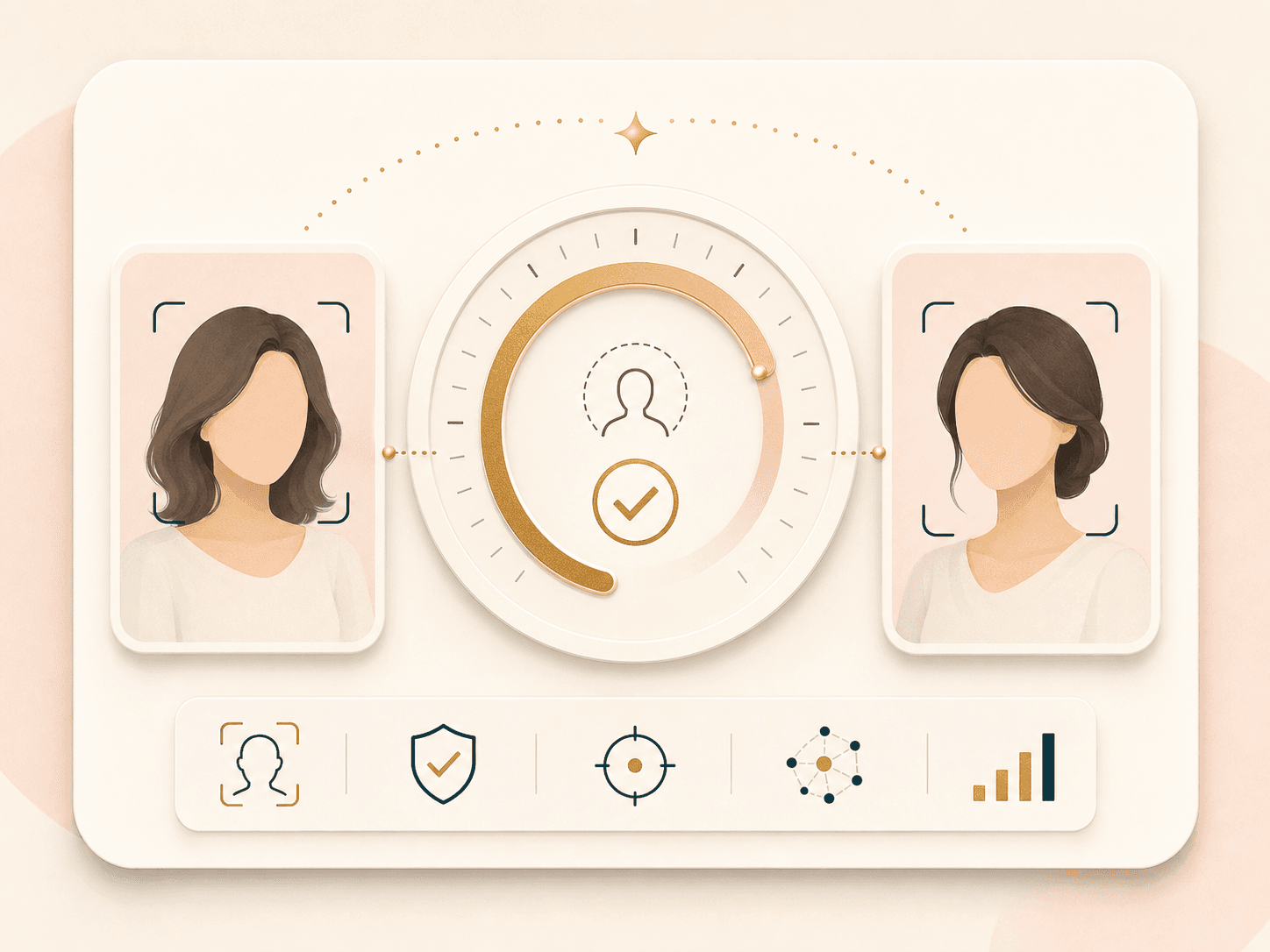 Illustration of two portrait cards connected to a face similarity confidence meter