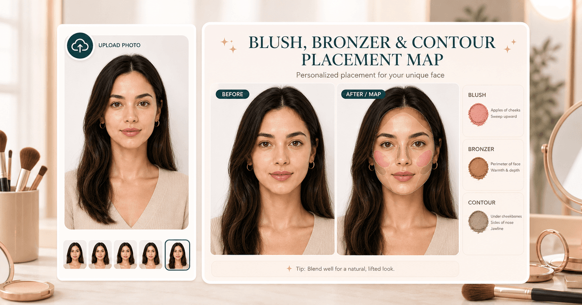 Contour Placement Map preview with soft blush, bronzer, and contour zones on a portrait