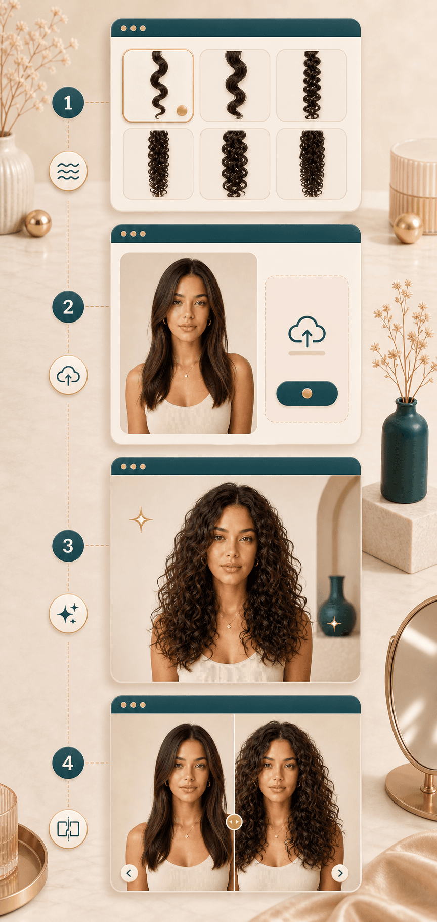 Curly Hair Filter workflow showing curl selection, upload, generation, and comparison